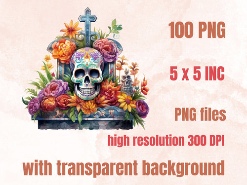 100 PNG Watercolor Día de Los Muertos Clipart, Day of the Dead Illustration Clip art, Mexican Halloween png, Sugar La Catrina Sublimation