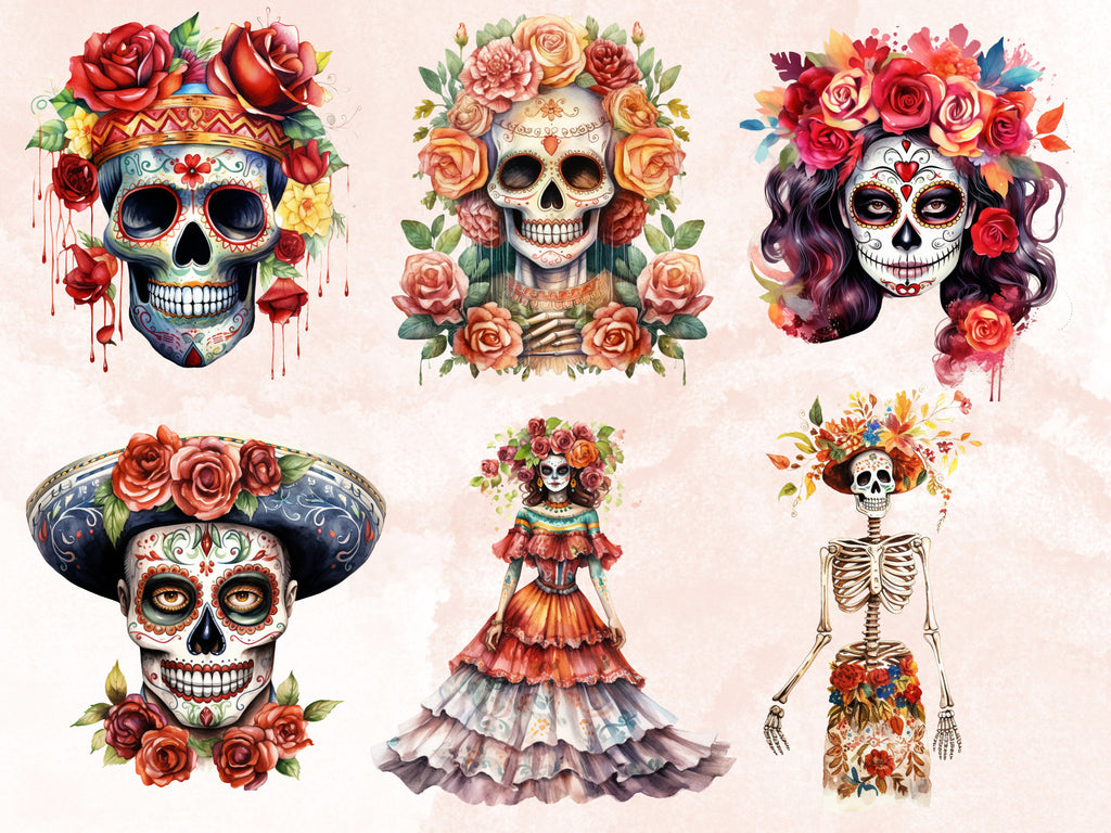 100 PNG Watercolor Día de Los Muertos Clipart, Day of the Dead Illustration Clip art, Mexican Halloween png, Sugar La Catrina Sublimation