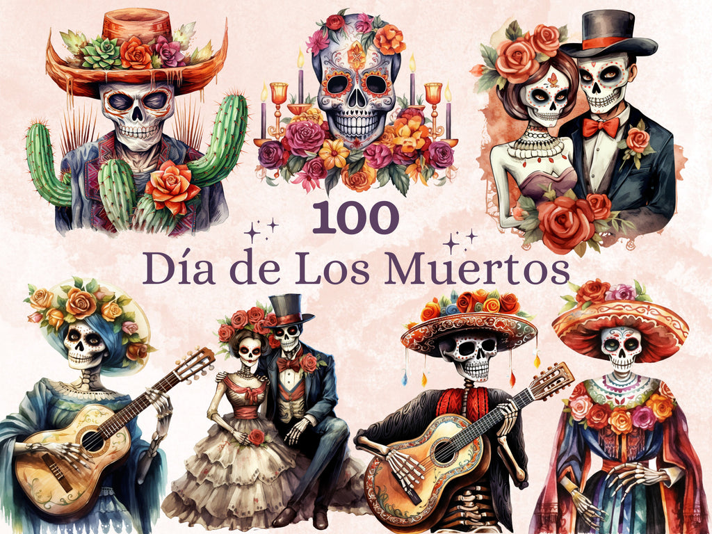 Watercolor Día de los Muertos clipart with calaveras flowers and La Catrina figures