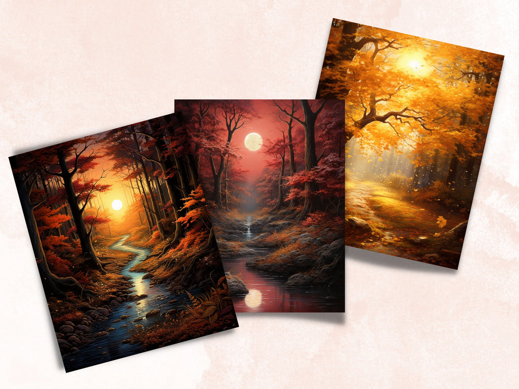 Printable Fall Forest Digital Paper, Enchanted Autumn Forest Background, Fall Scenes Pages, Download Junk Journal, Scrapbooking, Card Making