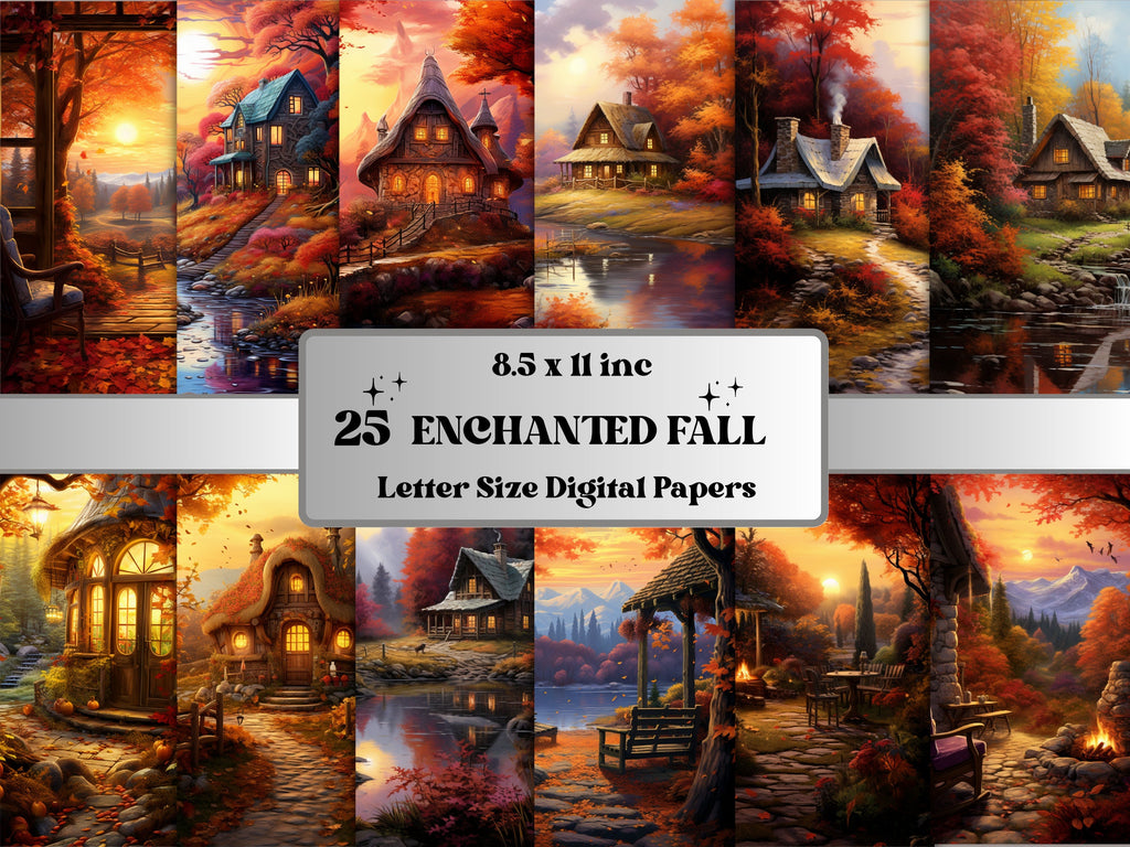 Printable Enchanted Fall Scenes Digital Paper, Cozy Autumn Background, Fantasy Fall Pages, Download Junk Journal, Scrapbooking, Card Making