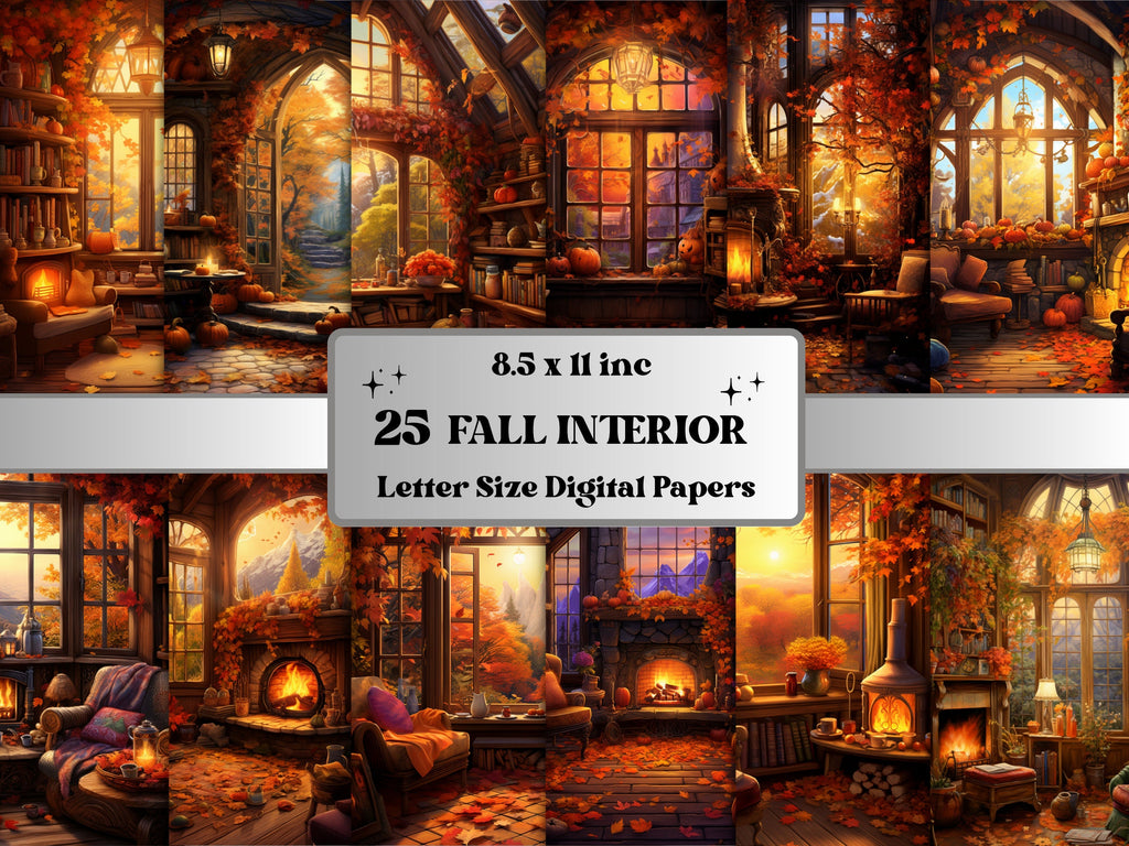 Printable Cozy Fall Interior Digital Paper, Autumn Indoor Background, Room Scenes Pages, Download Junk Journal, Scrapbooking, Card Making