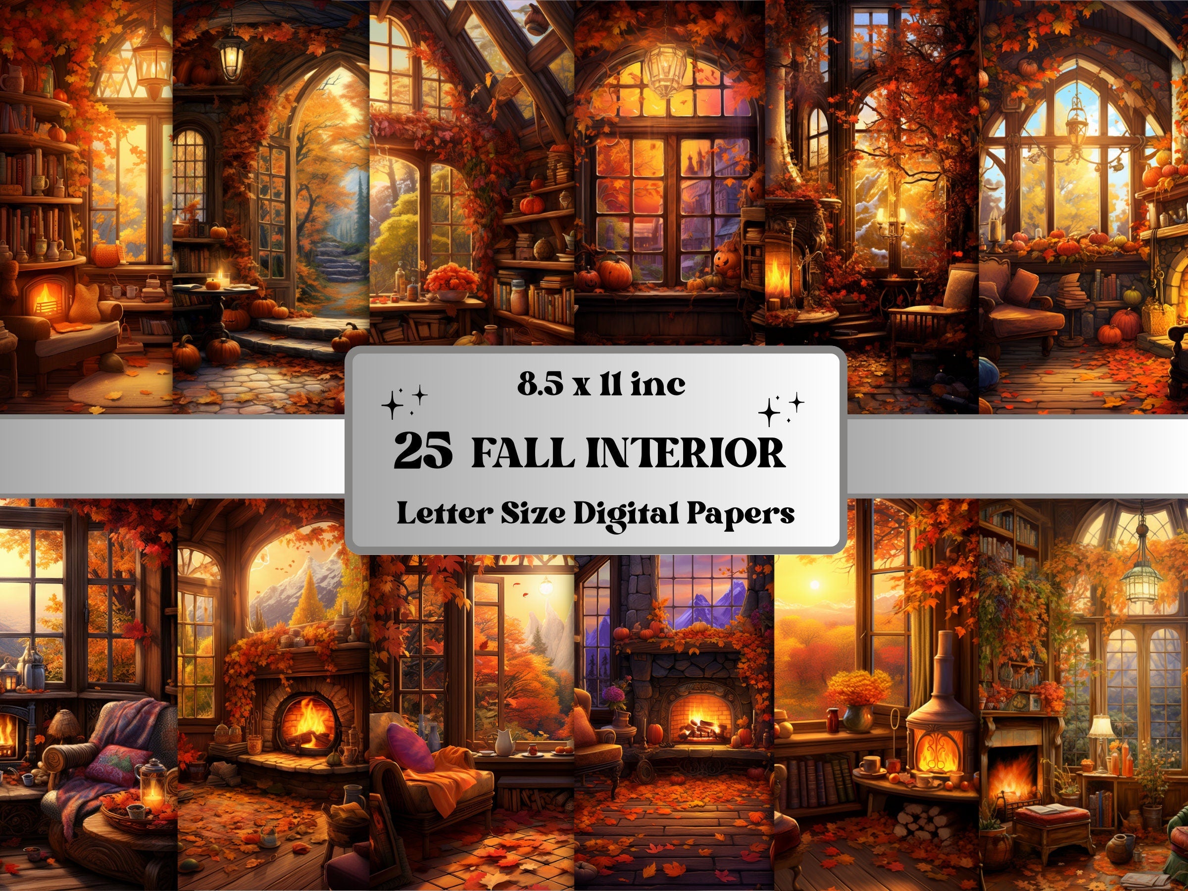 Printable Cozy Fall Interior Digital Paper, Autumn Indoor Background, Room Scenes Pages, Download Junk Journal, Scrapbooking, Card Making