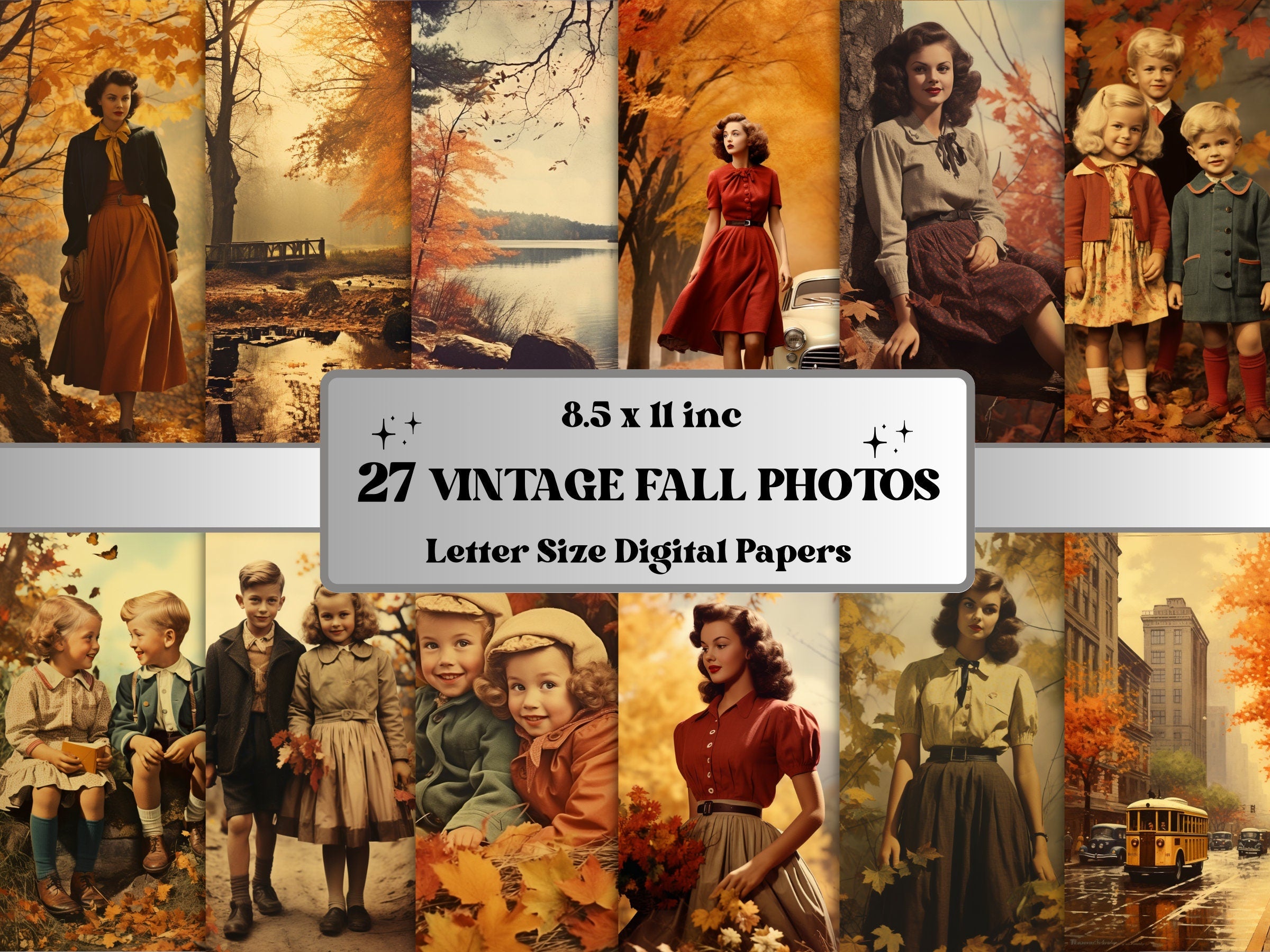 Printable Vintage Fall Photos Digital Paper, Retro Autumn Old Pictures, Fall Scenes Pages, Download Junk Journal, Scrapbooking, Card Making