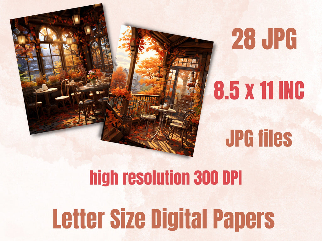 Printable Cozy Fall Cafe Digital Paper, Autumn Interior Background, Cafe Scenes Pages, Download Junk Journal, Scrapbooking, Card Making