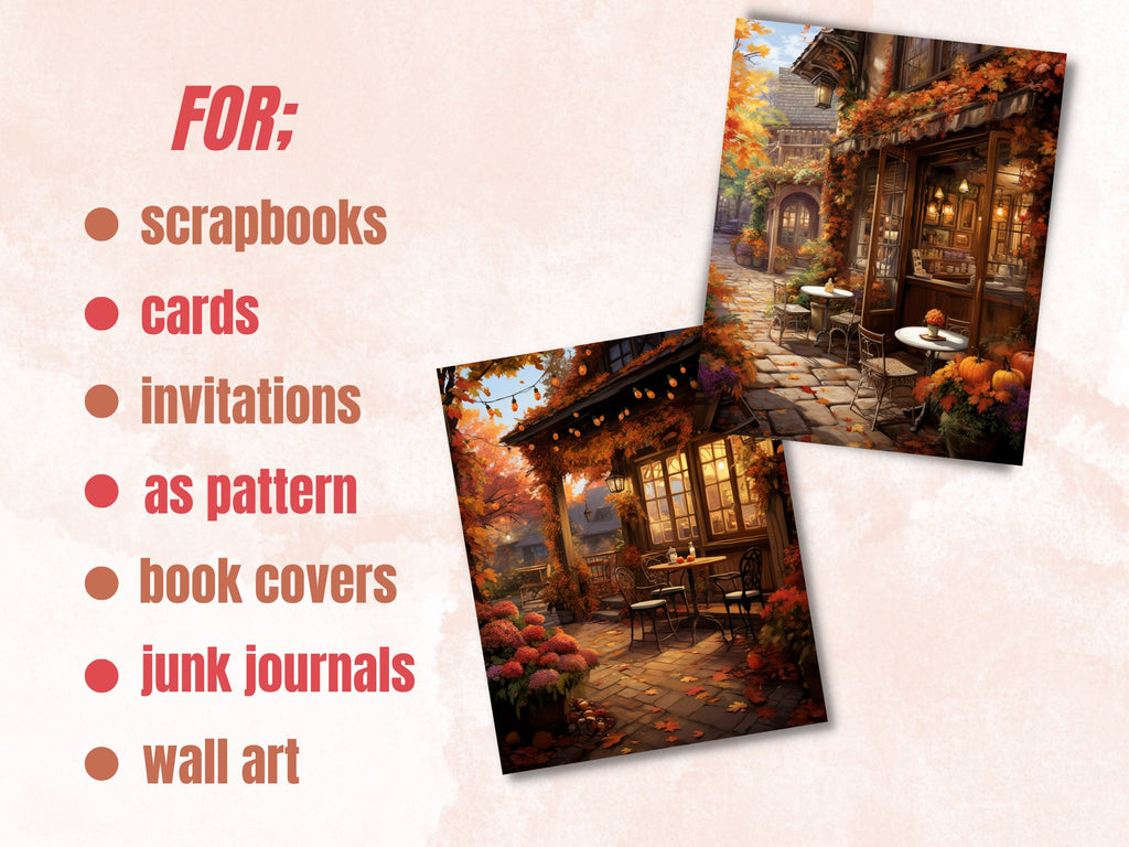 Printable Cozy Fall Cafe Digital Paper, Autumn Interior Background, Cafe Scenes Pages, Download Junk Journal, Scrapbooking, Card Making
