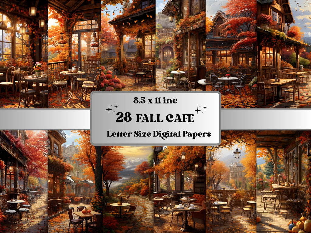 Printable Cozy Fall Cafe Digital Paper, Autumn Interior Background, Cafe Scenes Pages, Download Junk Journal, Scrapbooking, Card Making