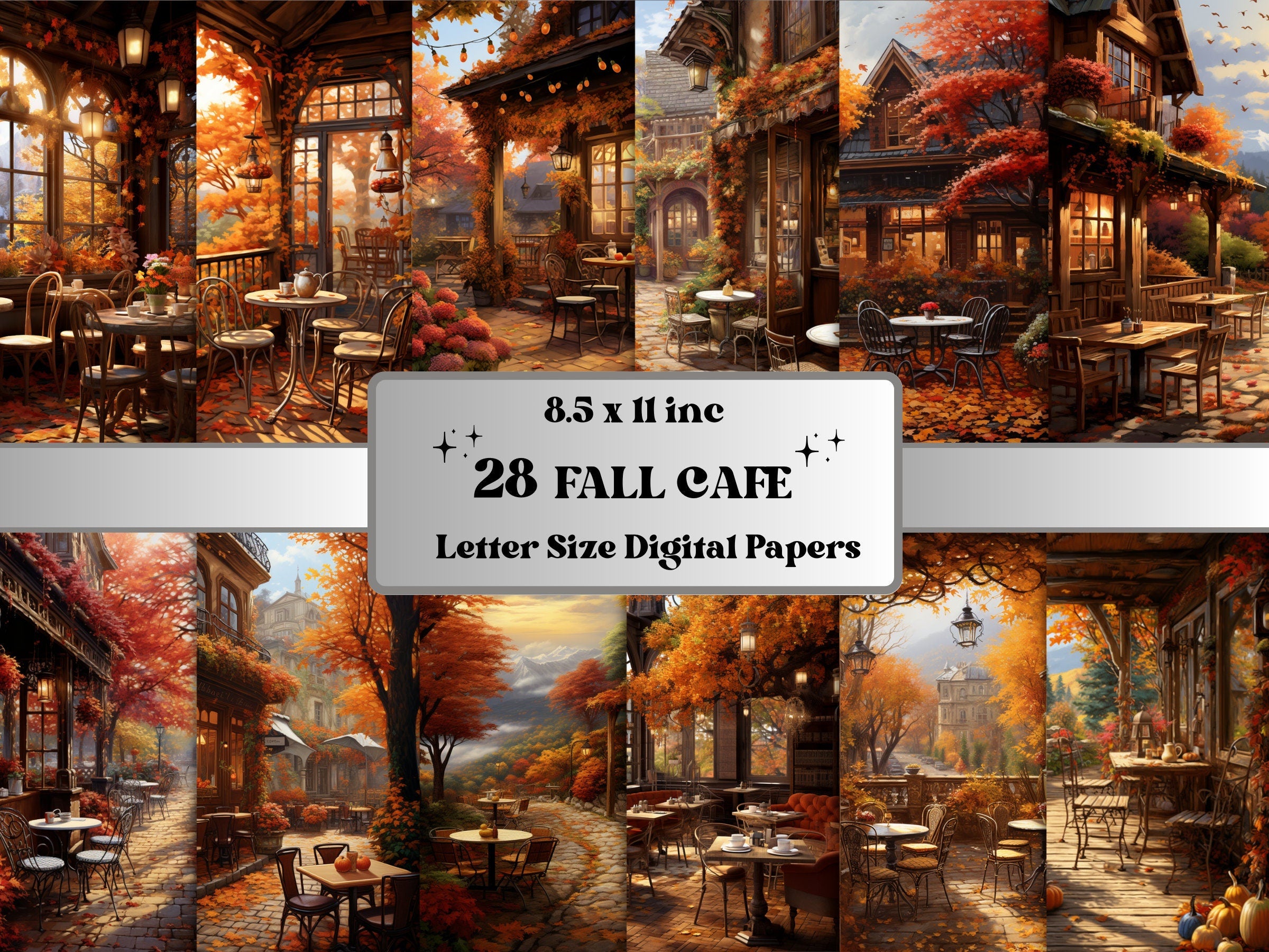 Printable Cozy Fall Cafe Digital Paper, Autumn Interior Background, Cafe Scenes Pages, Download Junk Journal, Scrapbooking, Card Making