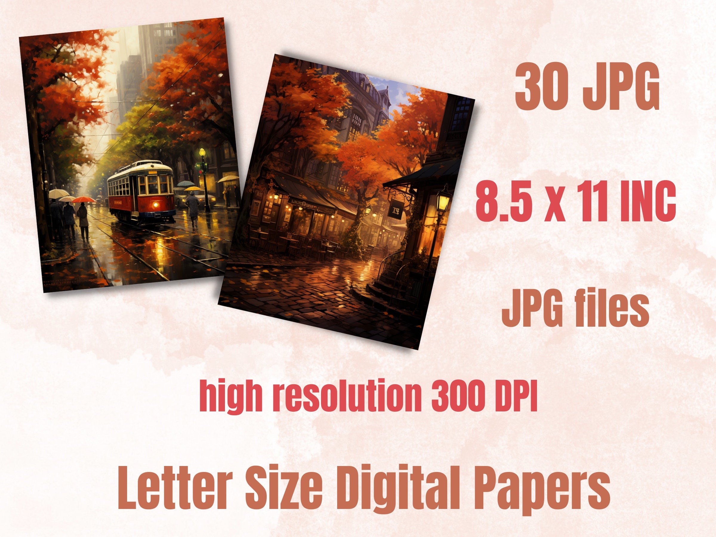 Printable Cozy Fall City Digital Paper, Rainy Day Autumn Background, City Scenes Pages, Download Junk Journal, Scrapbooking, Card Making