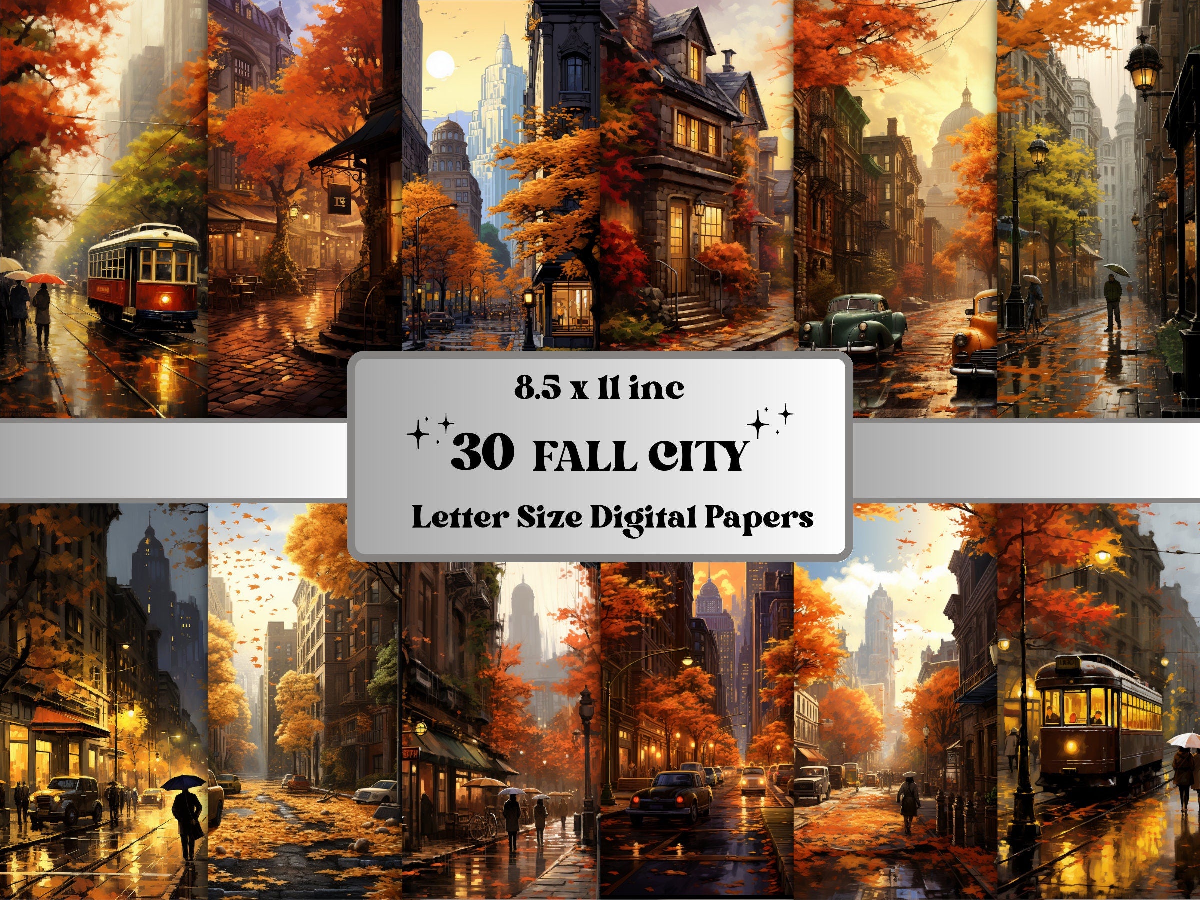 Printable Cozy Fall City Digital Paper, Rainy Day Autumn Background, City Scenes Pages, Download Junk Journal, Scrapbooking, Card Making