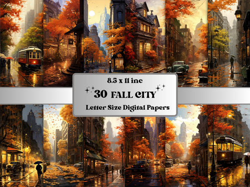 Printable Cozy Fall City Digital Paper, Rainy Day Autumn Background, City Scenes Pages, Download Junk Journal, Scrapbooking, Card Making