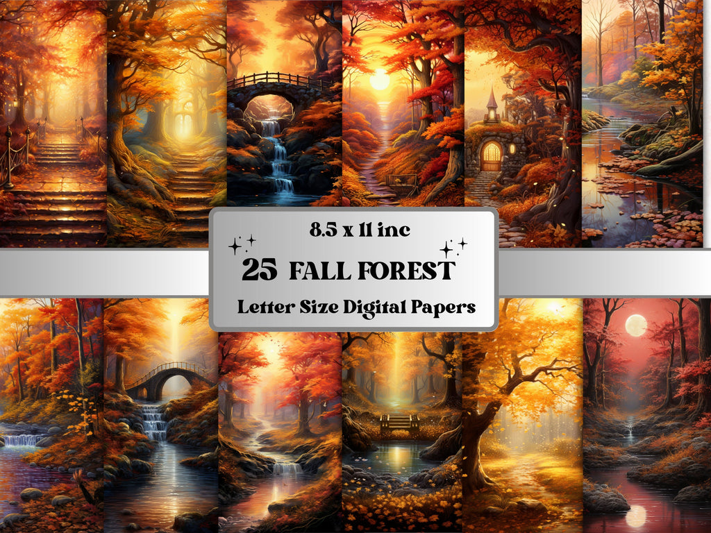 Printable Fall Forest Digital Paper, Enchanted Autumn Forest Background, Fall Scenes Pages, Download Junk Journal, Scrapbooking, Card Making