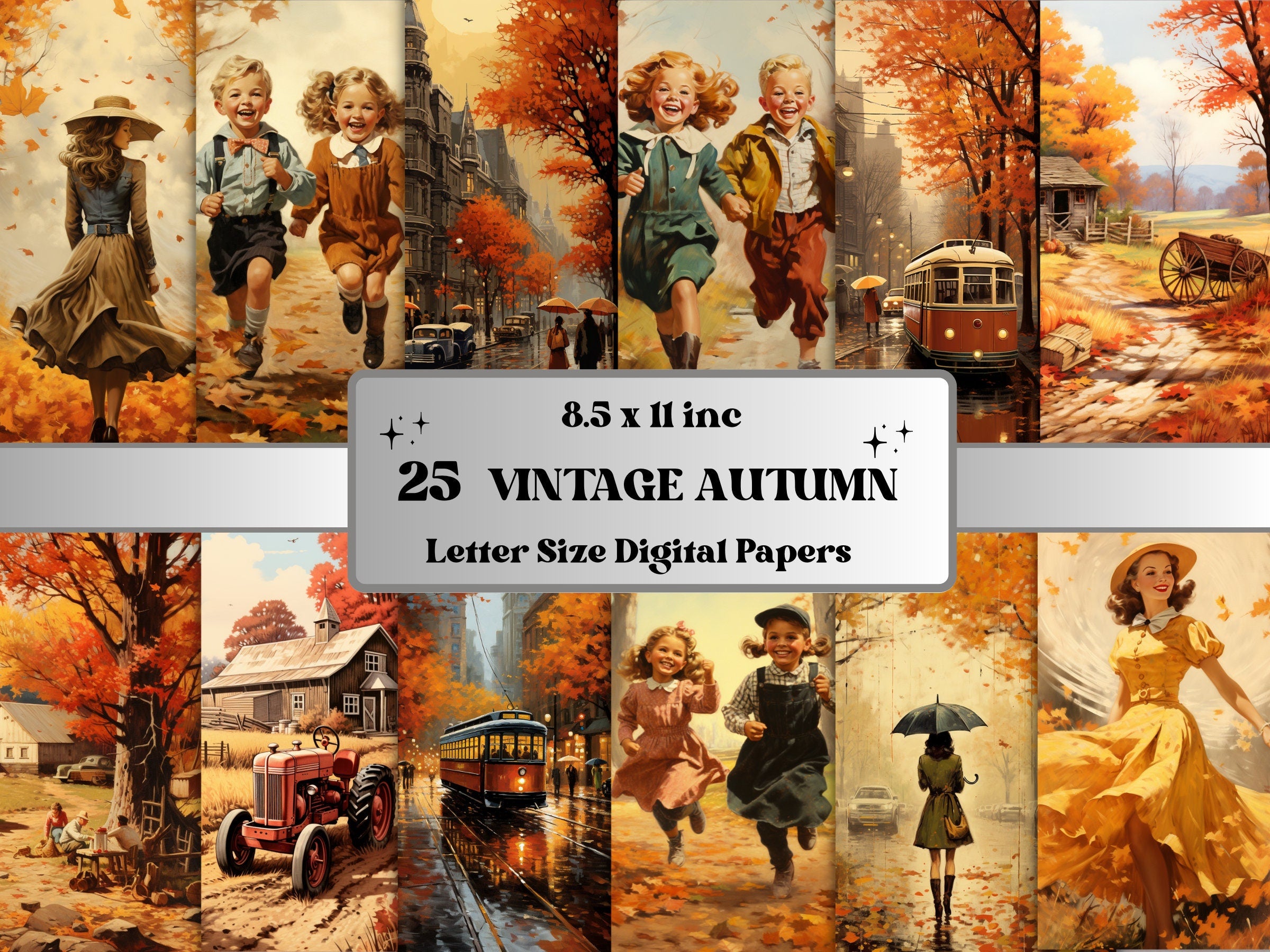 Printable Vintage Fall Scenes Digital Paper, Retro Autumn Background, Fall Landscape Pages, Download Junk Journal, Scrapbooking, Card Making