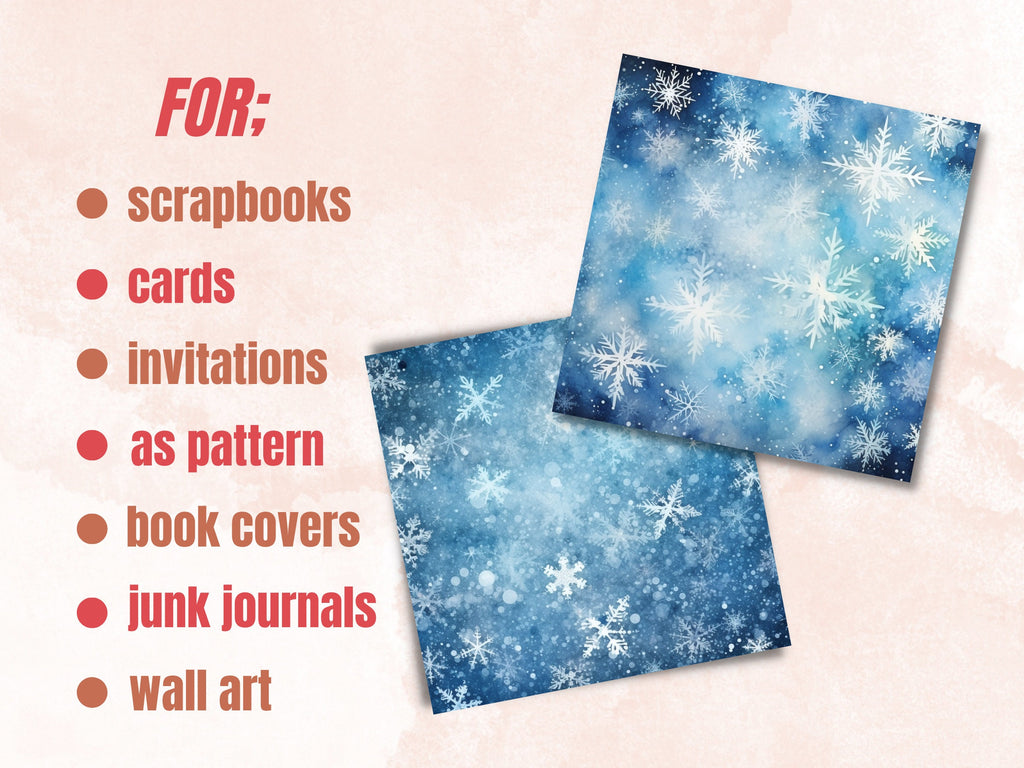 Printable Winter Snowflakes Digital Paper, Freezing Snowfall Ephemera, Snowflakes Pattern Pages, Junk Journal, Scrapbooking, Card Making