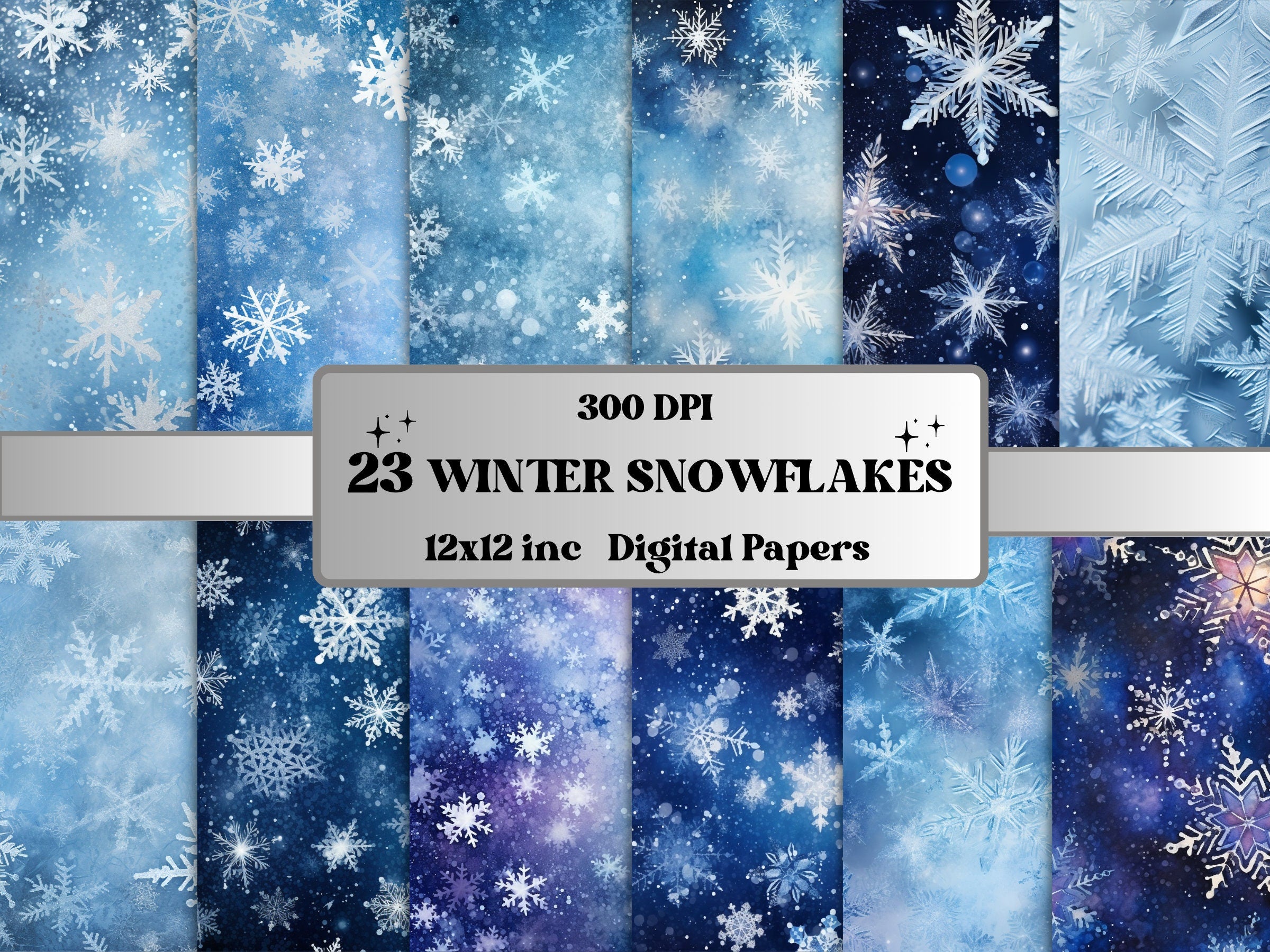 Printable Winter Snowflakes Digital Paper, Freezing Snowfall Ephemera, Snowflakes Pattern Pages, Junk Journal, Scrapbooking, Card Making