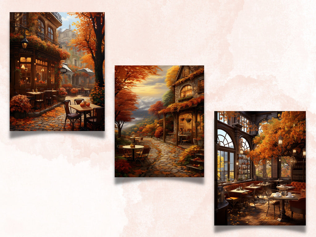 Printable Cozy Fall Cafe Digital Paper, Autumn Interior Background, Cafe Scenes Pages, Download Junk Journal, Scrapbooking, Card Making