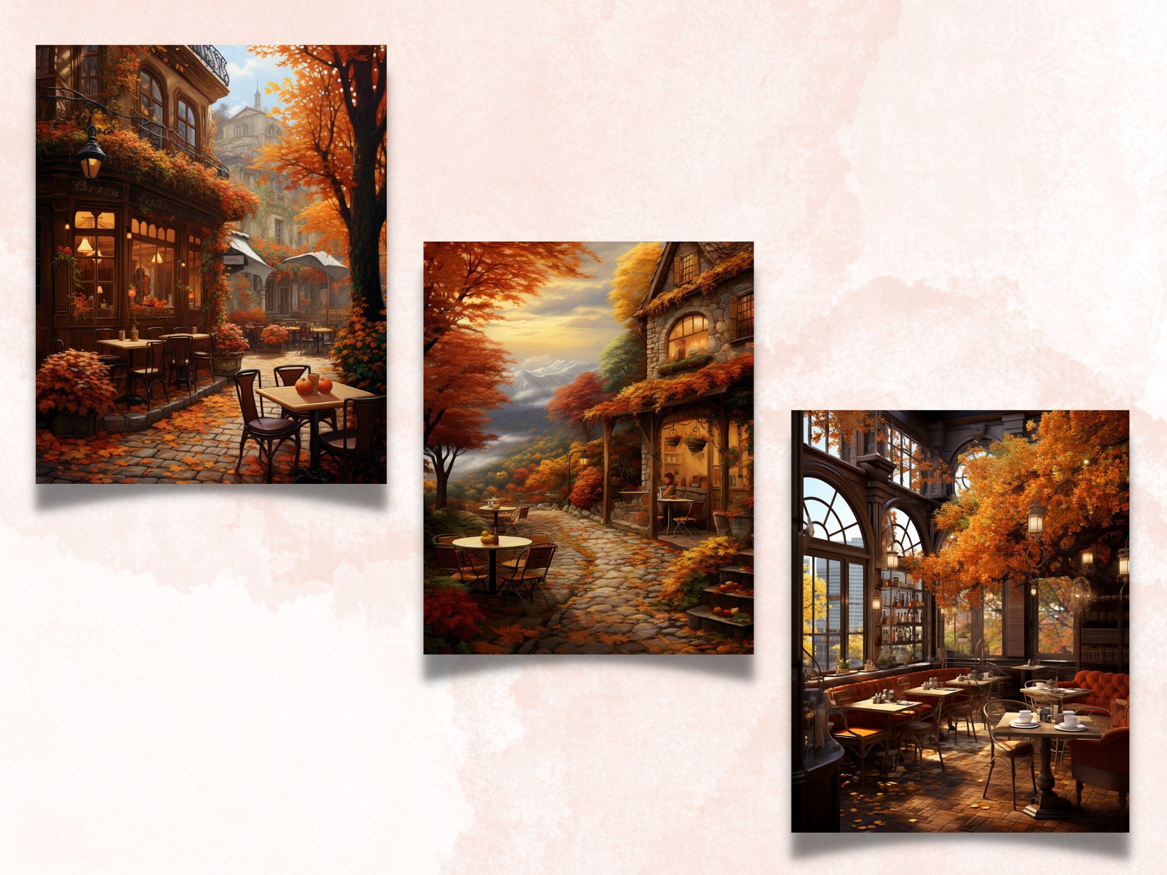 Printable Cozy Fall Cafe Digital Paper, Autumn Interior Background, Cafe Scenes Pages, Download Junk Journal, Scrapbooking, Card Making