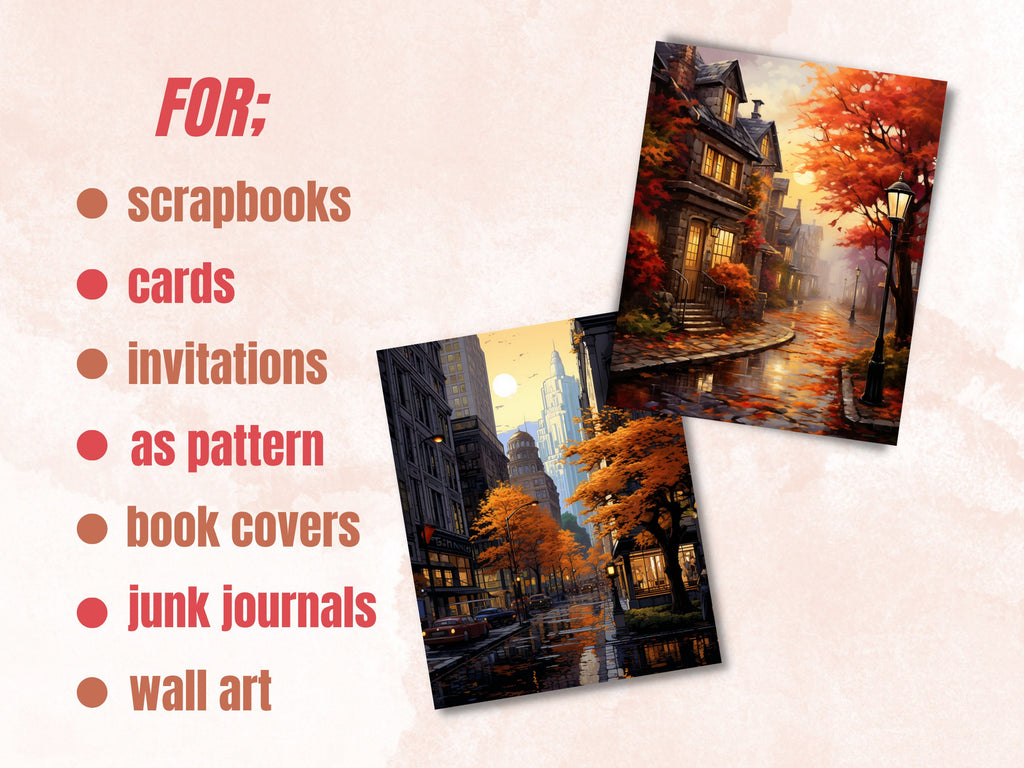 Printable Cozy Fall City Digital Paper, Rainy Day Autumn Background, City Scenes Pages, Download Junk Journal, Scrapbooking, Card Making
