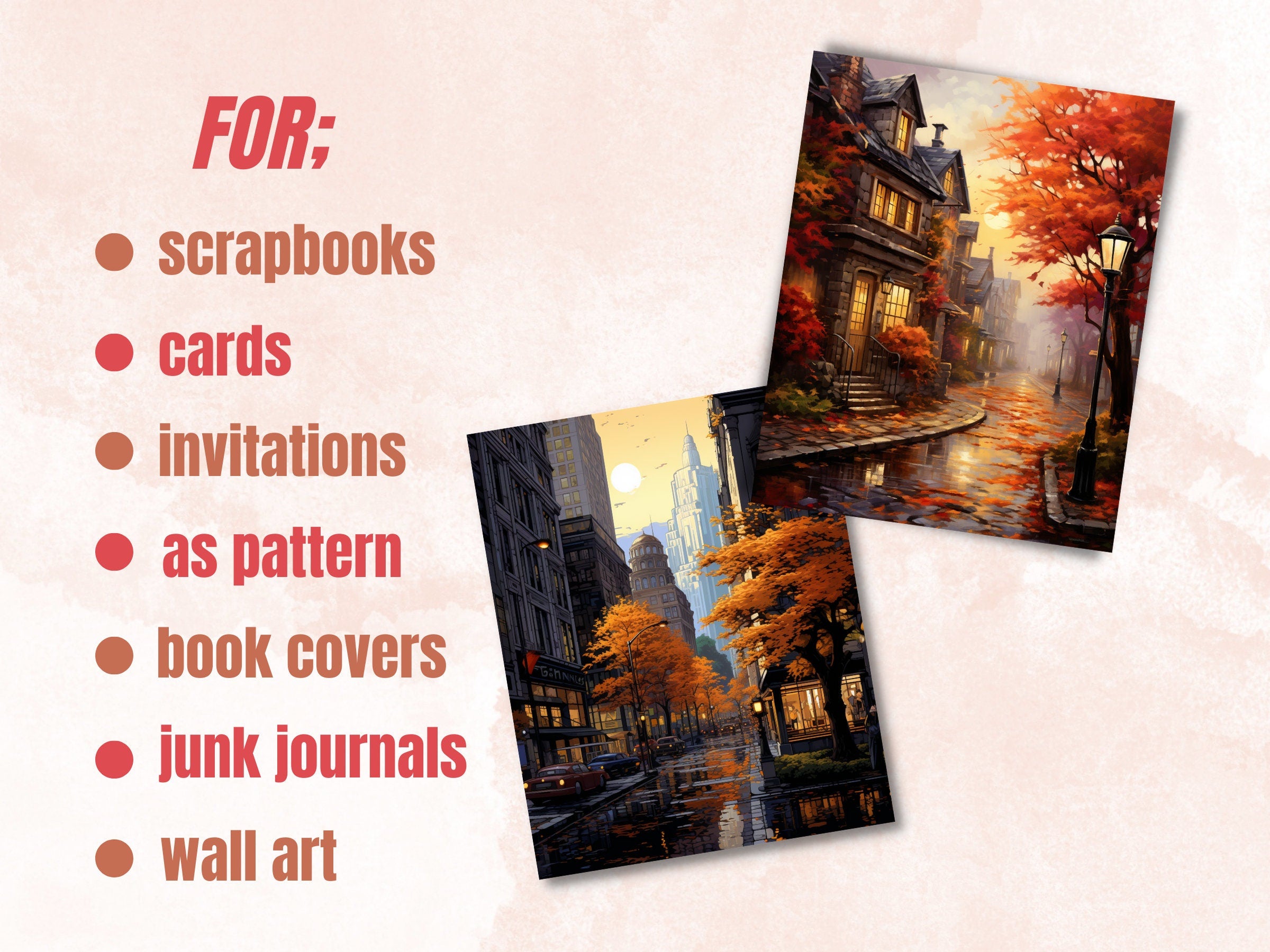 Printable Cozy Fall City Digital Paper, Rainy Day Autumn Background, City Scenes Pages, Download Junk Journal, Scrapbooking, Card Making