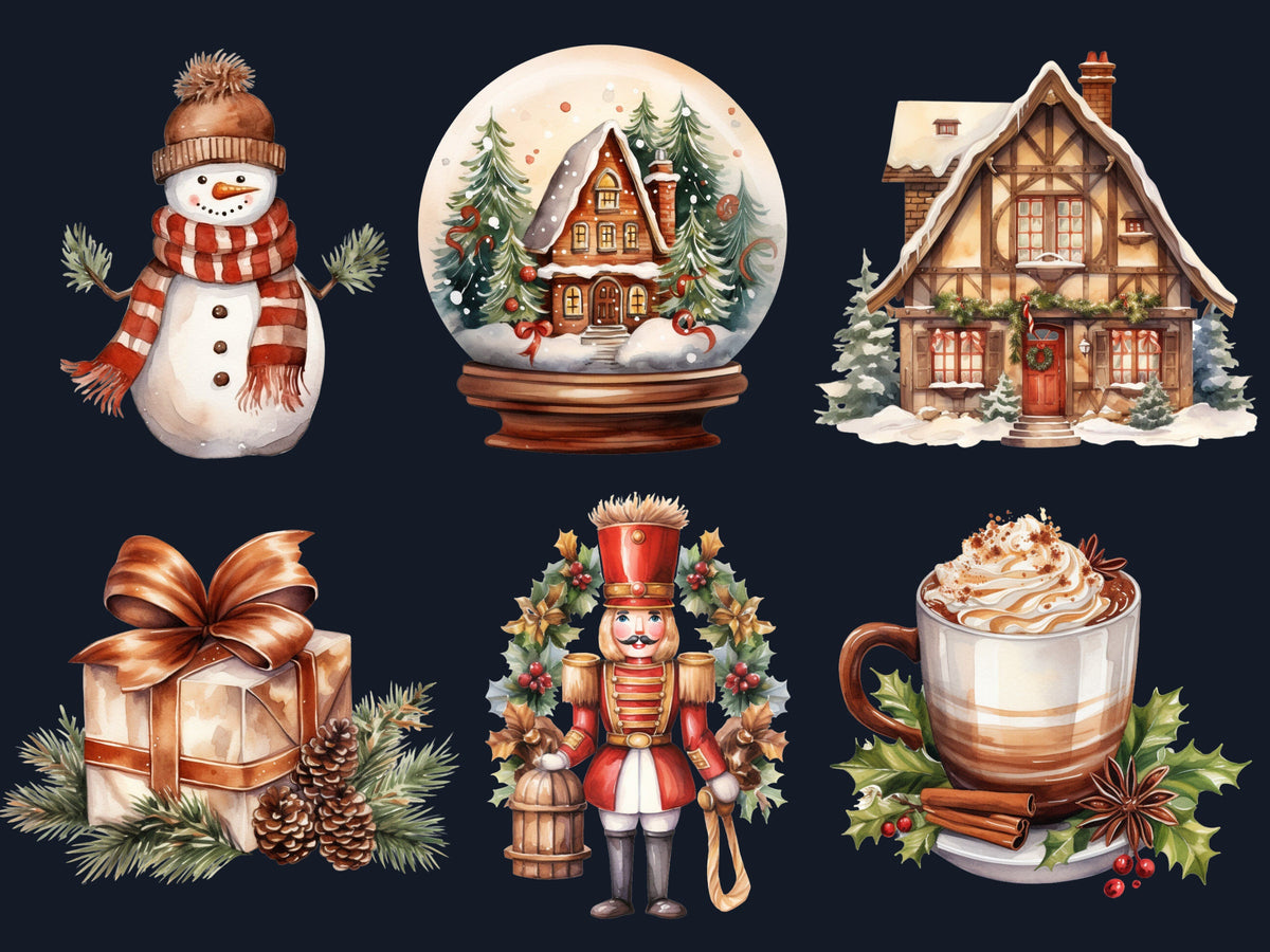 45 PNG Watercolour Cozy Christmas Bundle Clipart, Rustic Boho Christmas Illustrations Clip art, Winter Holiday png, Xmas Noel Ornaments