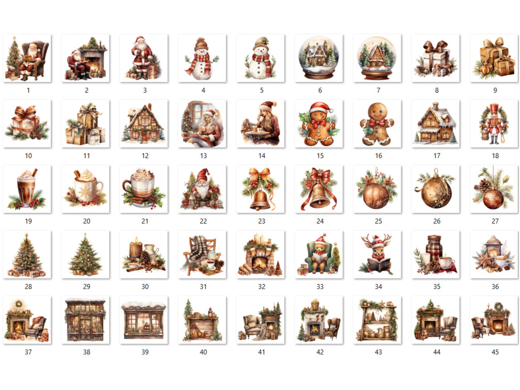 45 PNG Watercolour Cozy Christmas Bundle Clipart, Rustic Boho Christmas Illustrations Clip art, Winter Holiday png, Xmas Noel Ornaments