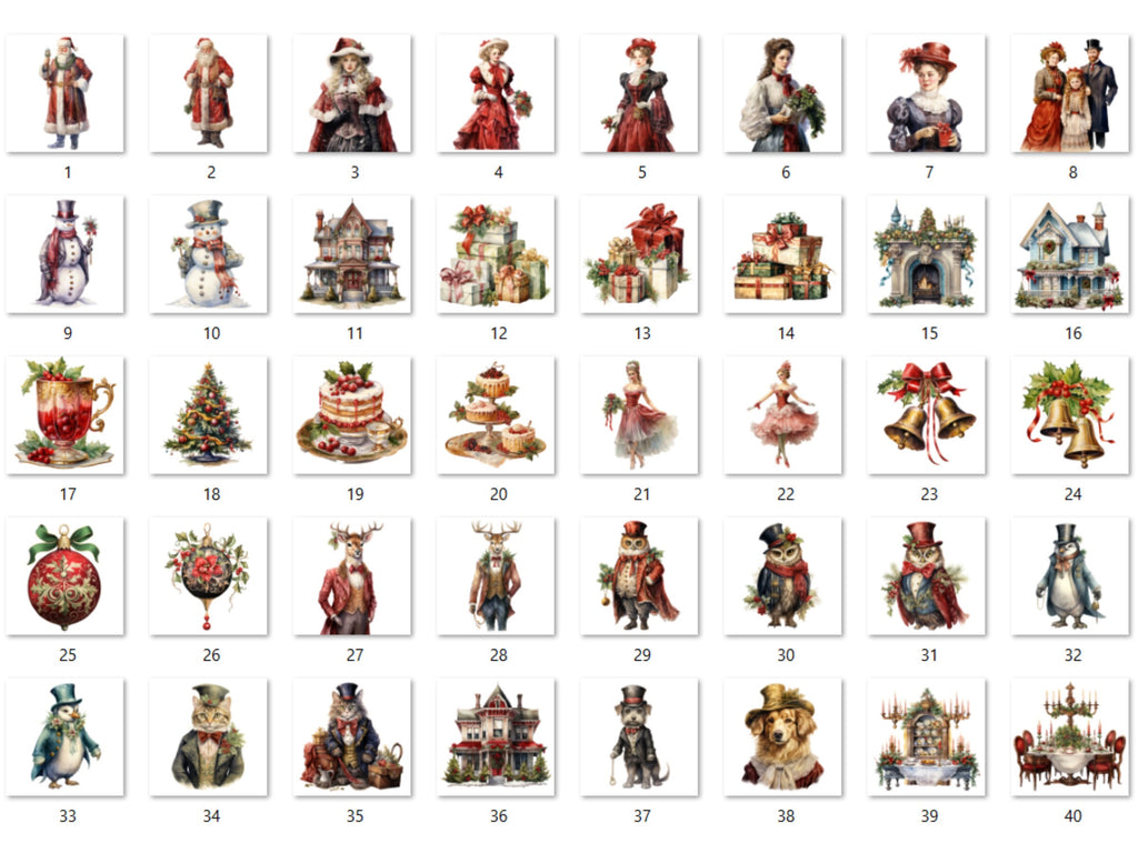 40 PNG Watercolour Victorian Christmas Bundle Clipart, Vintage Retro Christmas Illustration Clip art, Winter Holiday png, Xmas Noel Ornament