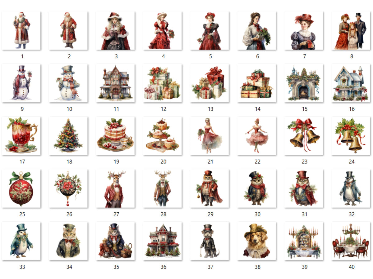 40 PNG Watercolour Victorian Christmas Bundle Clipart, Vintage Retro Christmas Illustration Clip art, Winter Holiday png, Xmas Noel Ornament