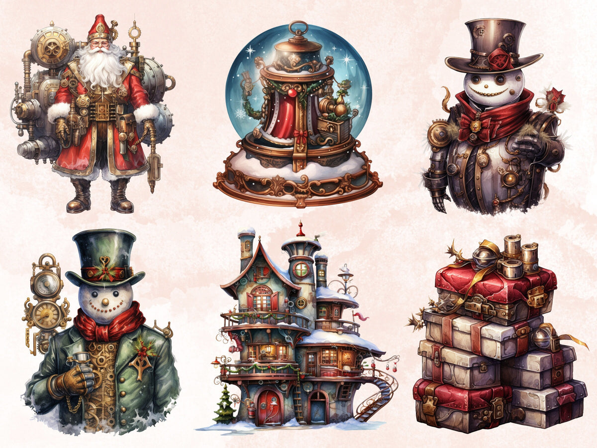 45 PNG Watercolour Steampunk Christmas Bundle Clipart, Clockwork Christmas Illustration Clip art, Winter Holiday png, Xmas Noel Ornaments
