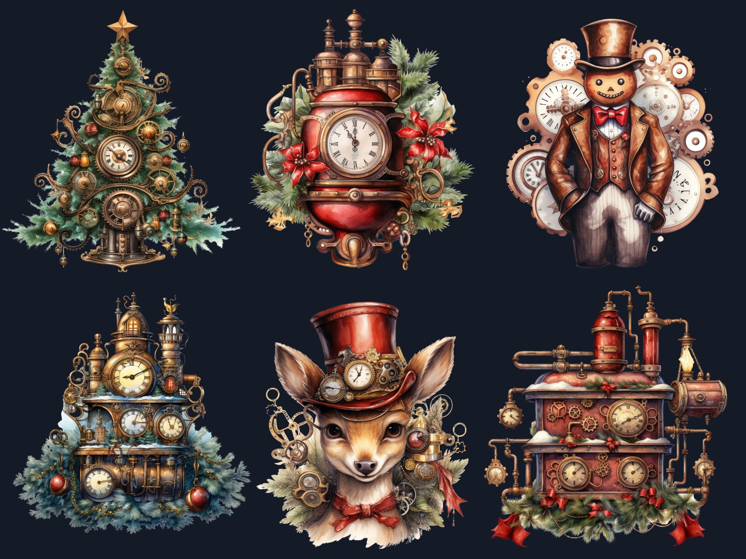 45 PNG Watercolour Steampunk Christmas Bundle Clipart, Clockwork Christmas Illustration Clip art, Winter Holiday png, Xmas Noel Ornaments