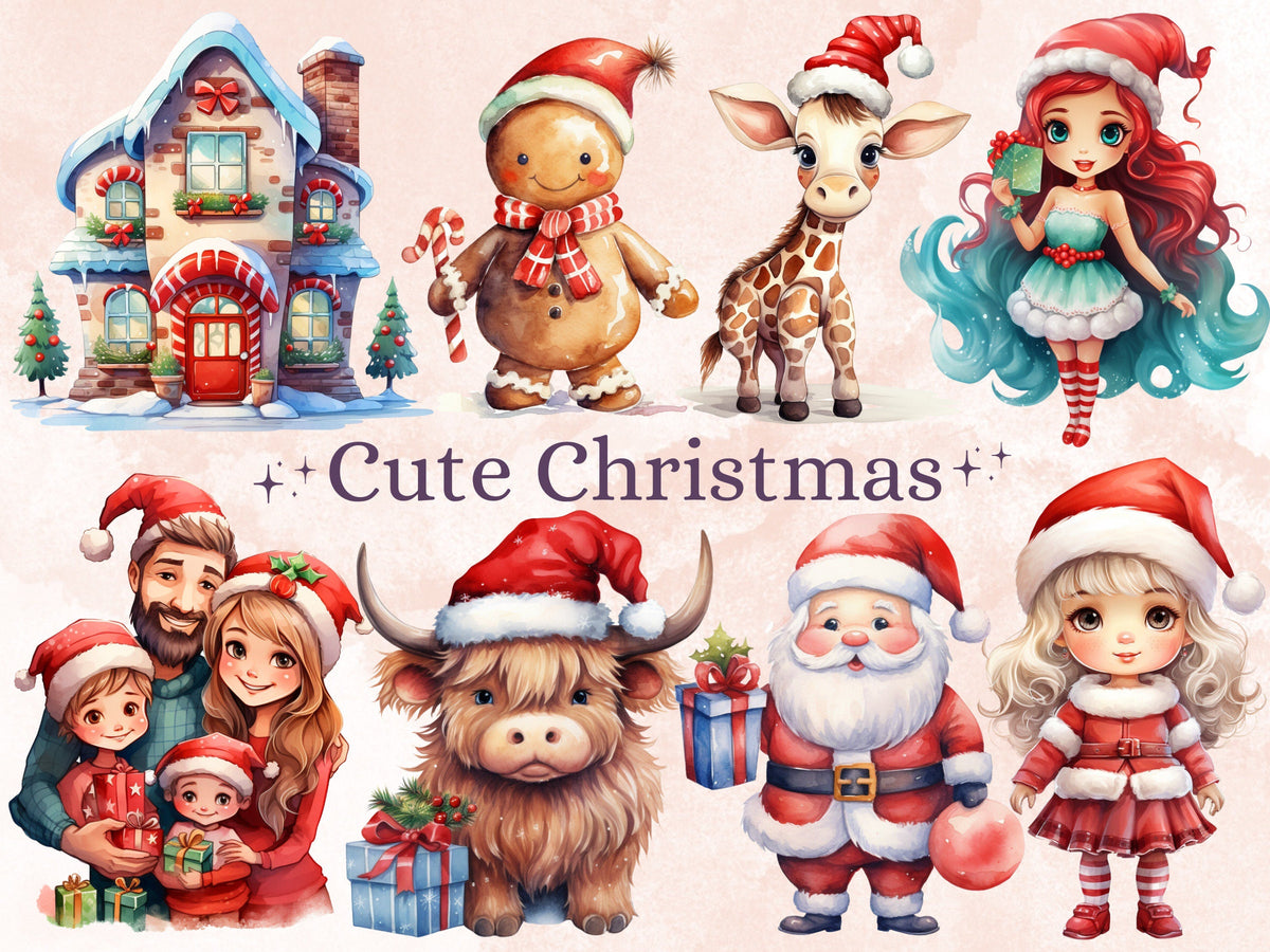 40 PNG Watercolour Cute Christmas Bundle Clipart, Kawaii Christmas Animals Illustrations Clip art, Winter Holiday png, Xmas Noel Ornaments