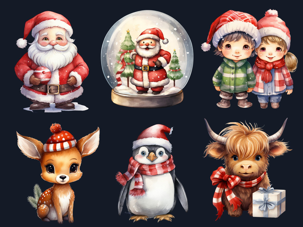 40 PNG Watercolour Cute Christmas Bundle Clipart, Kawaii Christmas Animals Illustrations Clip art, Winter Holiday png, Xmas Noel Ornaments