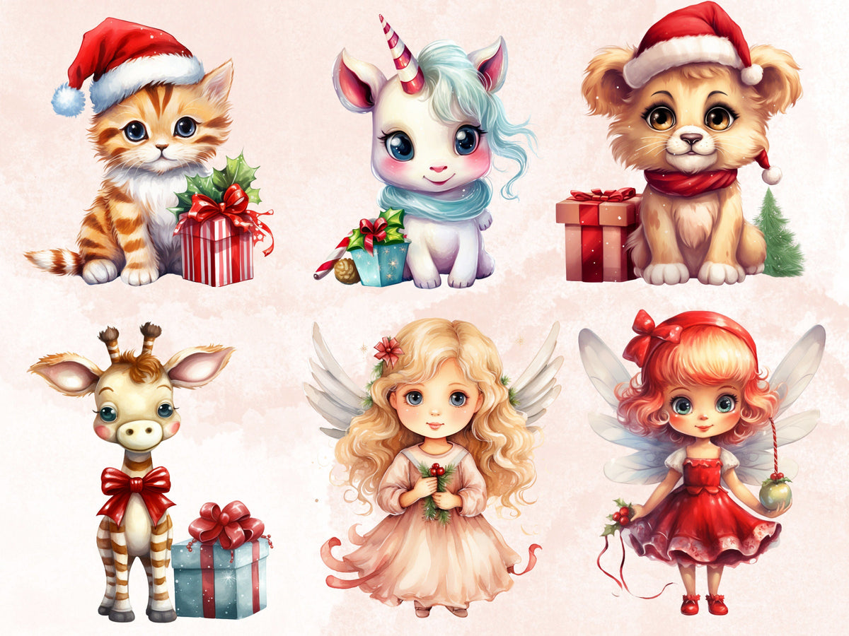 40 PNG Watercolour Cute Christmas Bundle Clipart, Kawaii Christmas Animals Illustrations Clip art, Winter Holiday png, Xmas Noel Ornaments