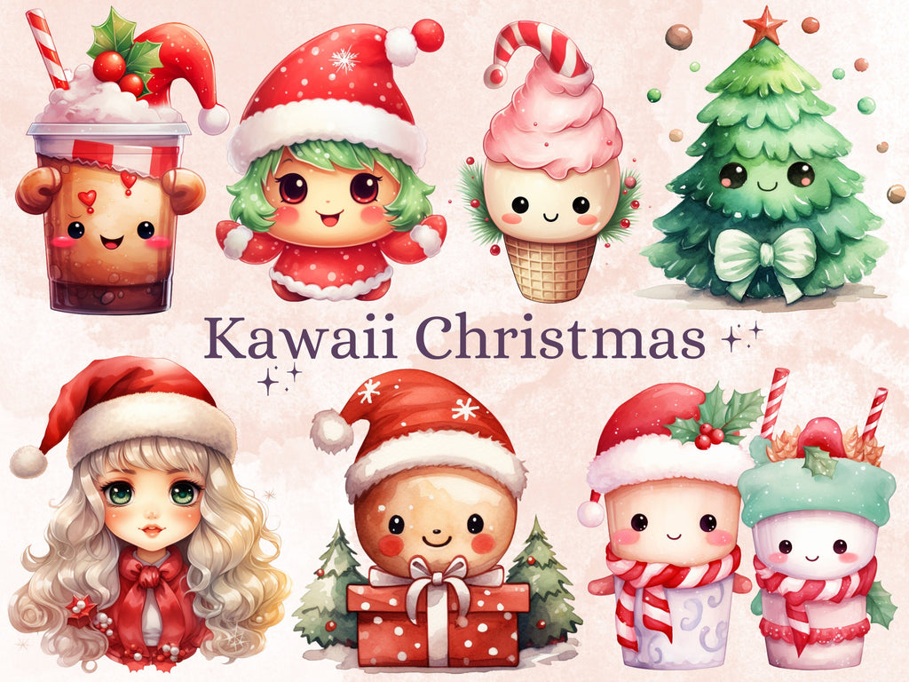 45 PNG Watercolour Kawaii Christmas Bundle Clipart, Cute Christmas Animals Illustrations Clip art, Winter Holiday png, Xmas Noel Ornaments
