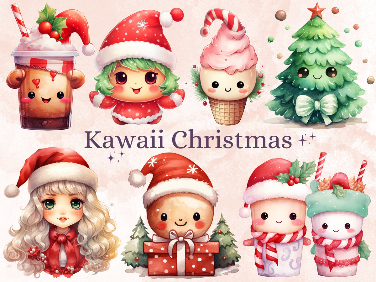 45 PNG Watercolour Kawaii Christmas Bundle Clipart, Cute Christmas Animals Illustrations Clip art, Winter Holiday png, Xmas Noel Ornaments