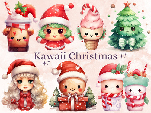 45 PNG Watercolour Kawaii Christmas Bundle Clipart, Cute Christmas Animals Illustrations Clip art, Winter Holiday png, Xmas Noel Ornaments