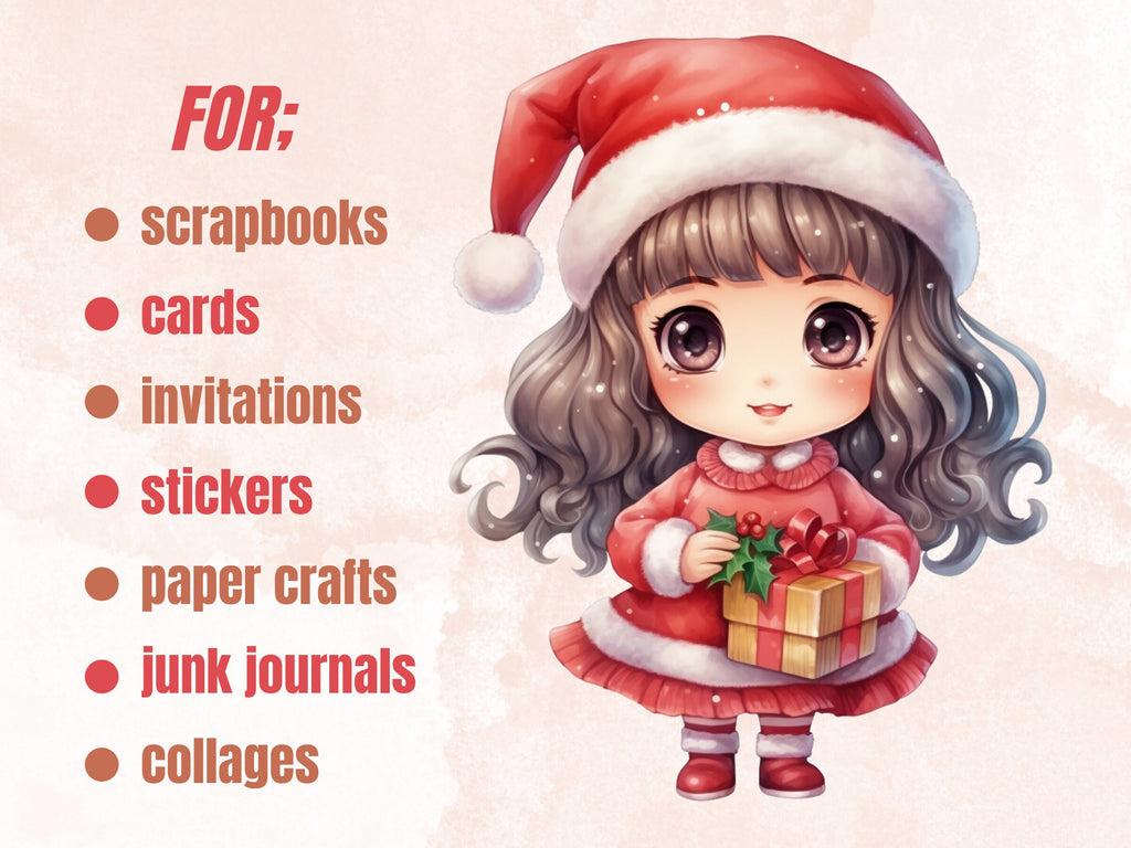 45 PNG Watercolour Kawaii Christmas Bundle Clipart, Cute Christmas Animals Illustrations Clip art, Winter Holiday png, Xmas Noel Ornaments
