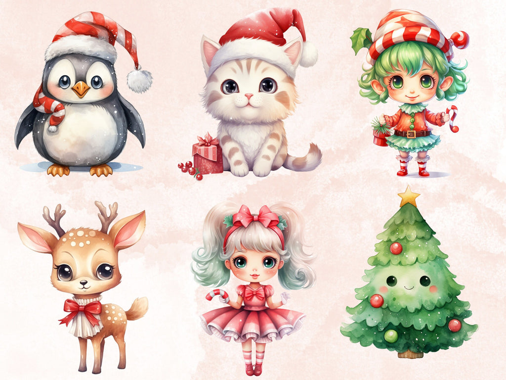 45 PNG Watercolour Kawaii Christmas Bundle Clipart, Cute Christmas Animals Illustrations Clip art, Winter Holiday png, Xmas Noel Ornaments
