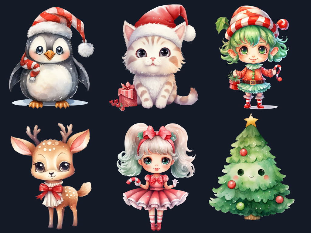 45 PNG Watercolour Kawaii Christmas Bundle Clipart, Cute Christmas Animals Illustrations Clip art, Winter Holiday png, Xmas Noel Ornaments