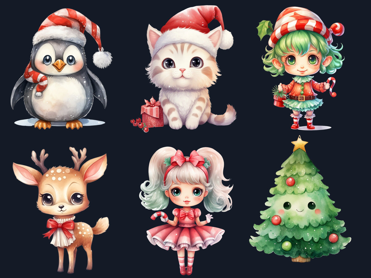 45 PNG Watercolour Kawaii Christmas Bundle Clipart, Cute Christmas Animals Illustrations Clip art, Winter Holiday png, Xmas Noel Ornaments