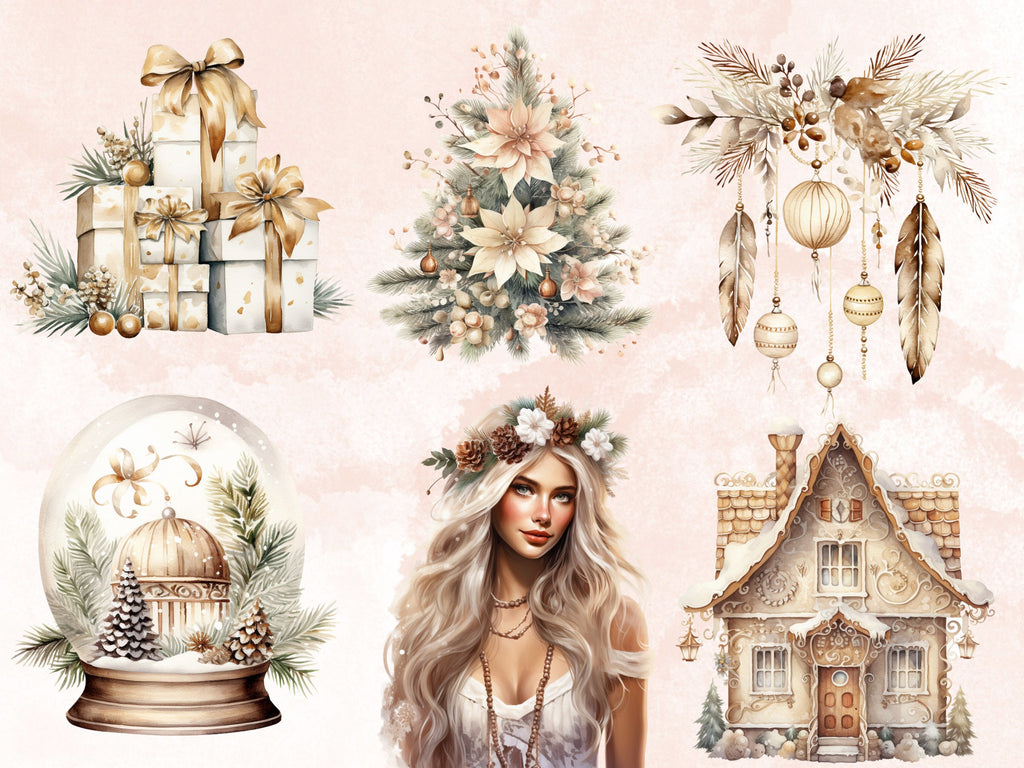 45 PNG Watercolour Boho Christmas Bundle Clipart, Cozy Rustic Christmas Illustrations Clip art, Boho Winter Holiday png, Xmas Noel Ornaments