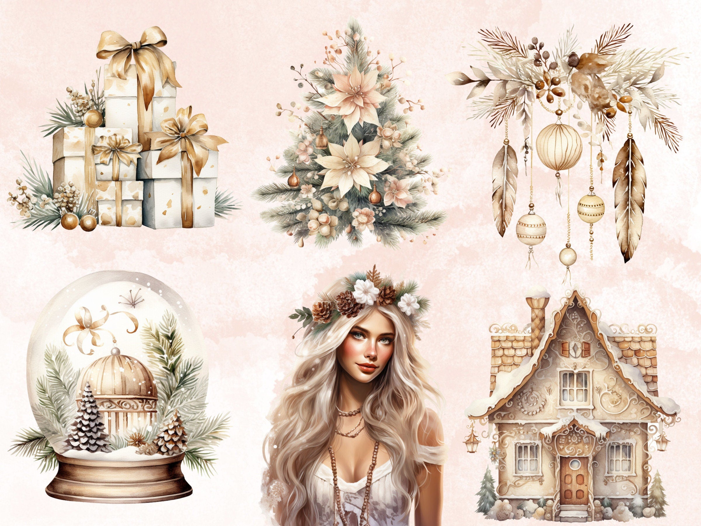 45 PNG Watercolour Boho Christmas Bundle Clipart, Cozy Rustic Christmas Illustrations Clip art, Boho Winter Holiday png, Xmas Noel Ornaments