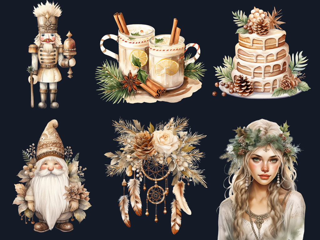 45 PNG Watercolour Boho Christmas Bundle Clipart, Cozy Rustic Christmas Illustrations Clip art, Boho Winter Holiday png, Xmas Noel Ornaments