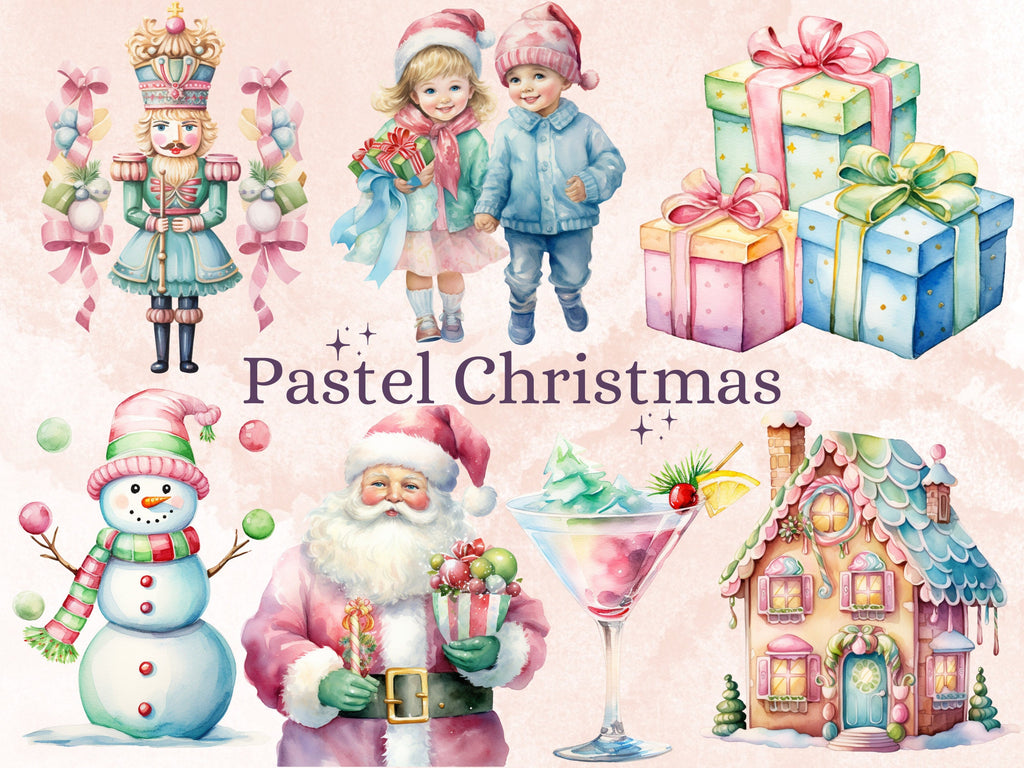 45 PNG Watercolour Pastel Christmas Bundle Clipart, Pink Blue Christmas Illustration Clip art, Pastel Winter Holiday png, Xmas Noel Ornament
