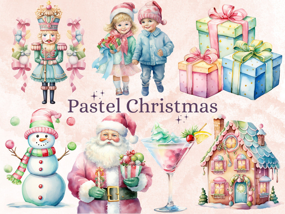 45 PNG Watercolour Pastel Christmas Bundle Clipart, Pink Blue Christmas Illustration Clip art, Pastel Winter Holiday png, Xmas Noel Ornament