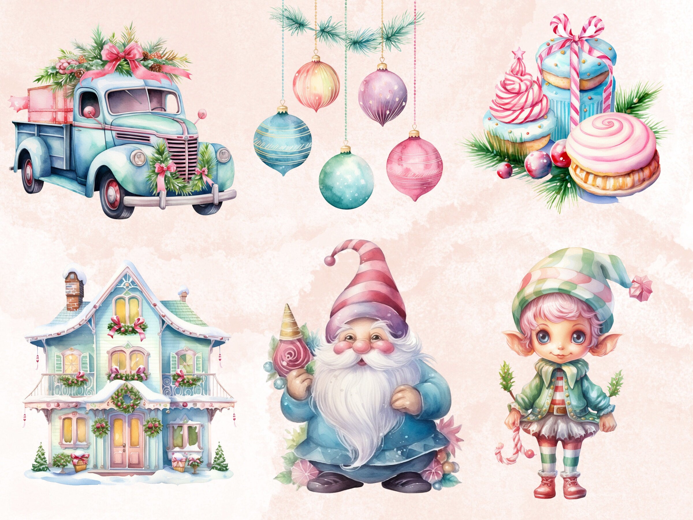 45 PNG Watercolour Pastel Christmas Bundle Clipart, Pink Blue Christmas Illustration Clip art, Pastel Winter Holiday png, Xmas Noel Ornament