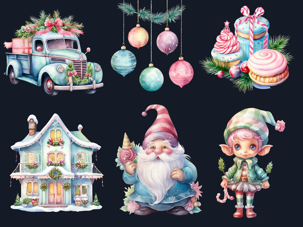45 PNG Watercolour Pastel Christmas Bundle Clipart, Pink Blue Christmas Illustration Clip art, Pastel Winter Holiday png, Xmas Noel Ornament
