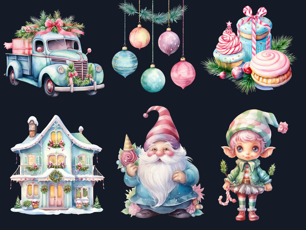 45 PNG Watercolour Pastel Christmas Bundle Clipart, Pink Blue Christmas Illustration Clip art, Pastel Winter Holiday png, Xmas Noel Ornament