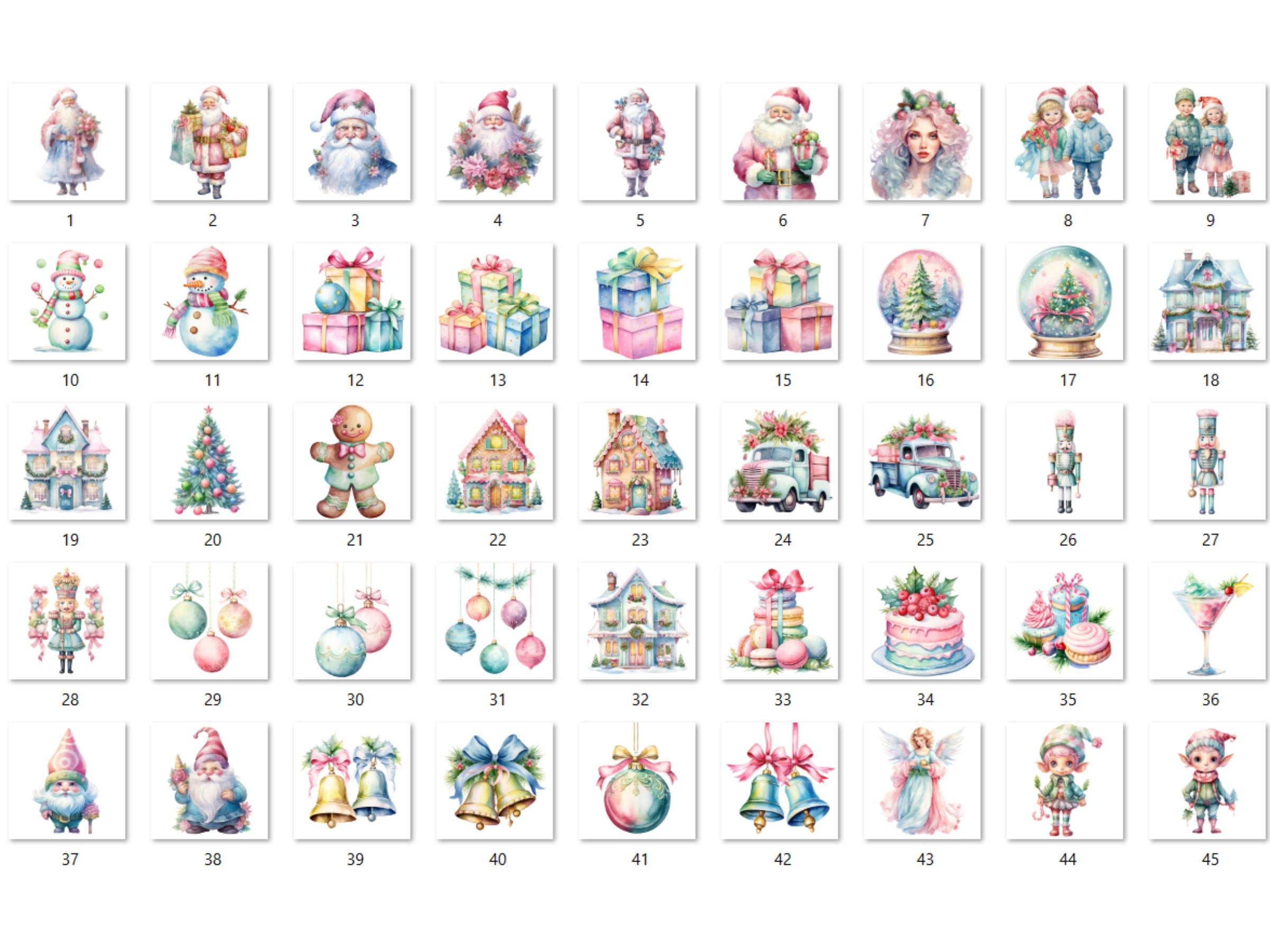 45 PNG Watercolour Pastel Christmas Bundle Clipart, Pink Blue Christmas Illustration Clip art, Pastel Winter Holiday png, Xmas Noel Ornament