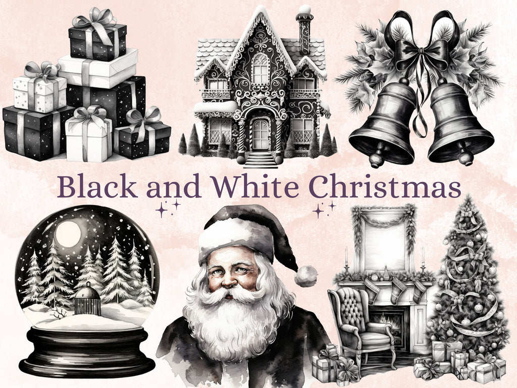 45 PNG Watercolour Black and White Christmas Clipart, Old Christmas Illustration Clip art, Nostalgia Winter Holiday png, Xmas Noel Ornaments