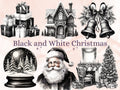 45 PNG Watercolour Black and White Christmas Clipart, Old Christmas Illustration Clip art, Nostalgia Winter Holiday png, Xmas Noel Ornaments